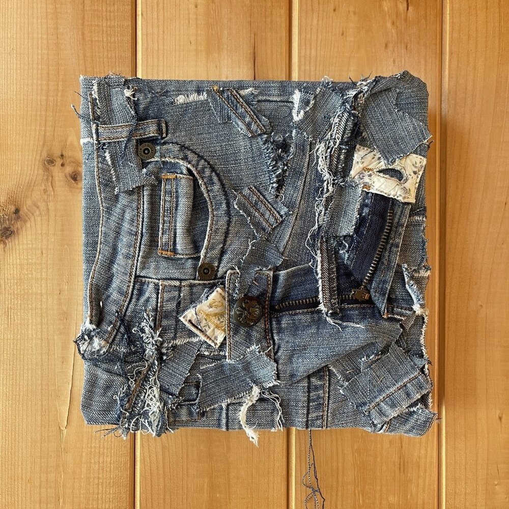 Upcycled Distressed Jeans Denim Patchwork Wall Art Textile Grunge Raw Brutalist